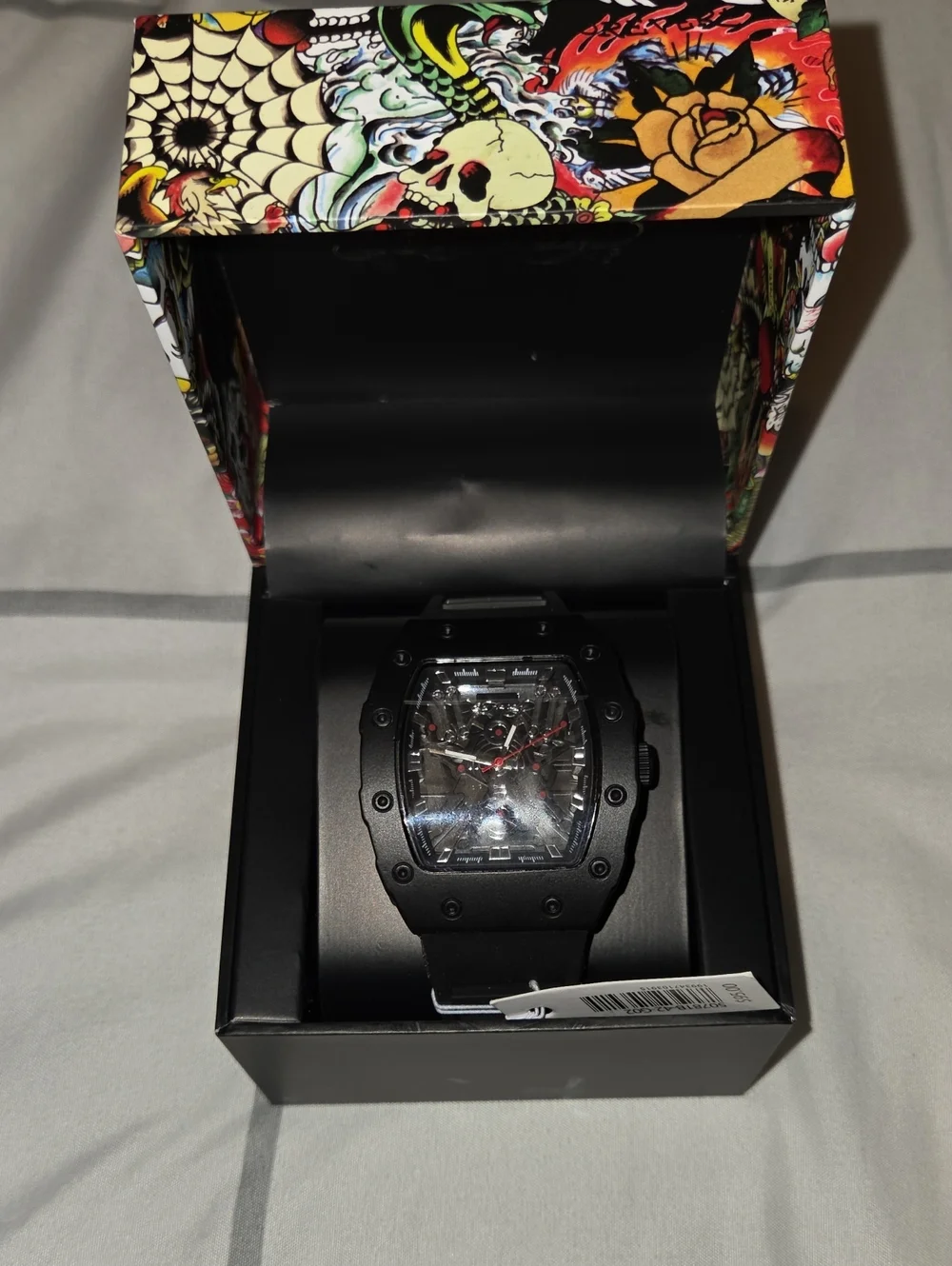 ED HARDY Men's Black Tonneau Watch with Black Silicone Strap